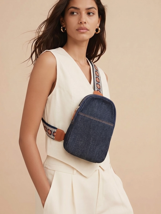 HOBO Handbags - HOBO Navy Denim Crossbody Bag with Patterned Strap
